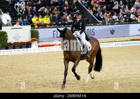 14.01.2023, Basel, St. Jakobshalle, Reiten: Longines CHI Classics Basel, Isabell Werth (Deutschland) auf ihrem Pferd DSP Quantaz in Aktion während der FEI Dressage Weltmeisterschaft (präsentiert vom Grand Hotel Les Trois Rois Basel) (Daniela Porcelli / SPP-JP) Kredit: SPP Sport Press Photo. Alamy Live News Stockfoto