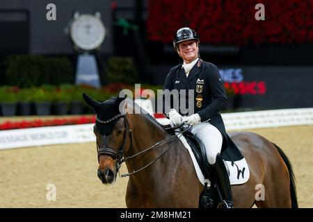 14.01.2023, Basel, St. Jakobshalle, Reiten: Longines CHI Classics Basel, Isabell Werth (Deutschland) auf ihrem Pferd DSP Quantaz in Aktion während der FEI Dressage Weltmeisterschaft (präsentiert vom Grand Hotel Les Trois Rois Basel) (Daniela Porcelli / SPP-JP) Kredit: SPP Sport Press Photo. Alamy Live News Stockfoto