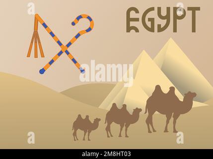 Kamelkarawane in der Nähe der ägyptischen Pyramidenlandschaft. Große Pyramiden von Ägypten in der Wüste vor einem Hintergrund. Trockene Wüste unter der Sonne Stock Vektor