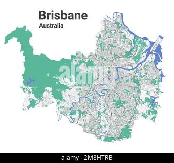 Brisbane Karte. Detaillierte Karte des Verwaltungsbezirks von Brisbane. Stadtpanorama. Unentgeltliche Vektordarstellung. Umrisskarte mit Autobahnen, Straße Stock Vektor