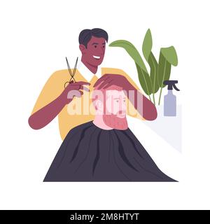 Haarschnitt isolierte Cartoon-Vektordarstellungen. Ein fröhlicher bärtiger Mann, der sich im Friseur die Haare schneiden lässt, Lebensstil der Leute, Verbesserung des Aussehens, Schönheit Stock Vektor