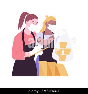 Restaurant bereitet Aufträge isoliert Cartoon-Vektor-Illustrationen. Maskierte Kellnerinnen bereiten online Essensbestellungen für das Mitnehmen, Quarantäne vor Stock Vektor
