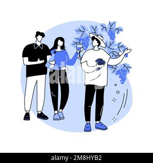 Besuchen Sie Weinberge isolierte Cartoon-Vektorbilder. Gruppe von Menschen mit Bauern auf dem Weinberg, die Trauben in den Händen halten, Reisezeit, Sommerurlaub Stock Vektor