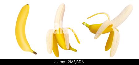 Ein Bananenset, ganz, geschält. Isoliert auf weißem Hintergrund. Stockfoto