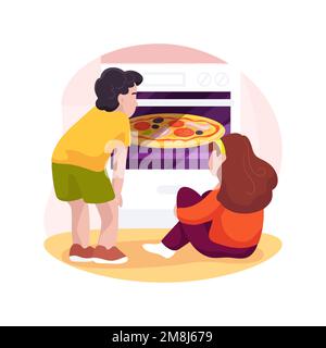 Warten auf Pizza isolierte Cartoon-Vektordarstellung. Kind sitzt neben dem Ofen, Familie backt zusammen, wartet auf köstliche Pizza, hungriges Kind ist da Stock Vektor