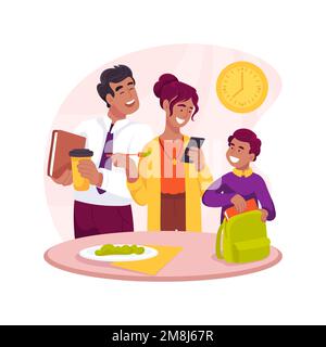 Morgenrausch isolierte Cartoon-Vektordarstellung. Erwachsener in Eile vor der Arbeit, während Kinder frühstücken und herumrennen, tägliche Routine für die Familie, CO Stock Vektor