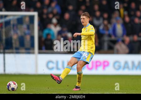 High Wycombe, Großbritannien. 14. Januar 2023. George Byers #14 von Sheffield Wednesday spielt den Ball während des Spiels der Sky Bet League 1 Wycombe Wanderers vs Sheffield Wednesday im Adams Park, High Wycombe, Großbritannien, 14. Januar 2023 (Foto von Gareth Evans/News Images) in High Wycombe, Großbritannien, am 1./14. Januar 2023. (Foto: Gareth Evans/News Images/Sipa USA) Guthaben: SIPA USA/Alamy Live News Stockfoto