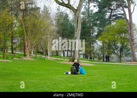 Die Familie genießt ein Picknick in einer Parklandschaft - John Gollop Stockfoto