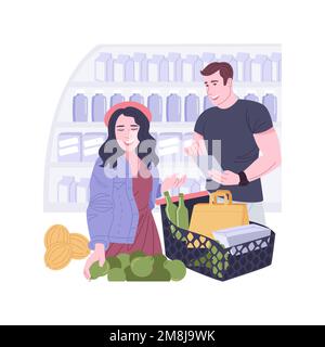 Einkaufsliste isolierte Cartoon-Vektorbilder. Ein junges Paar kauft im Supermarkt Essen und liest die Einkaufsliste, wichtige Zutaten für Stock Vektor