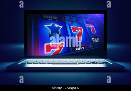 Design Für Online-Glücksspiele. Spielautomaten auf einem Computerdisplay Conceptual 3D Rendering Illustration. Stockfoto