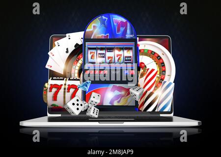 Roulette-, Poker- und Spielautomaten. Illustration des Konzepts der Online-Casino-Spiele 3D. Internetbasiertes Online-Glücksspiel. Stockfoto