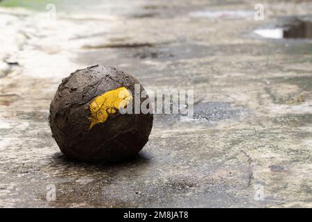 Nahaufnahme eines zerbrochenen Balls auf einer regnerischen Straße auf dem Boden Stockfoto