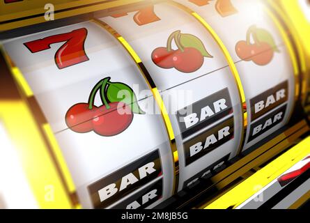 Spinning Golden Casino Spielautomaten Konzept 3D gerenderte Illustration. Spielthema. Stockfoto