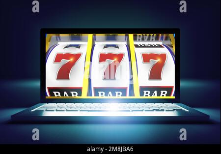 Casinos Slot Machine Online Games Laptop Conceptual 3D gerenderte Illustration. Stockfoto