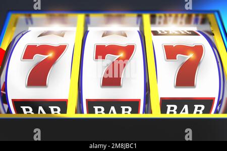 Triple Seven Casino Spielautomat 3D Illustration. Conceptual Graphic Zum Online-Glücksspiel. Stockfoto