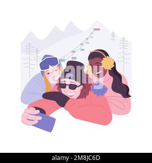 Winter Park Spaß isoliert Cartoon-Vektor-Illustrationen. Freunde machen Selfie im Vergnügungspark, gehen in den Wintersport und haben Spaß zusammen, verschneite Wea Stock Vektor