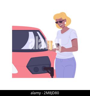 Autoladedienst isolierte Cartoon-Vektorbilder. Mädchen lädt Elektroauto, städtischen Lebensstil, umweltfreundliches Auto, Stadtverkehr, persönlich Stock Vektor