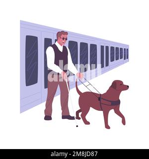 Assistenzhund isolierte Cartoon-Vektordarstellungen. Ein Blinder verlässt die U-Bahn mit einem Assistenzhund, Behindertenhilfe, barr Stock Vektor