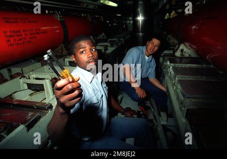 Torpedoman dritter Klasse (TM3) Greg Culbreath und Torpedoman dritter Klasse (TM3) Kurt Lopez bereiten sich darauf vor, einen Übungstorpedo an Bord des nuklearbetriebenen Angriffs-U-Boots USS NORFOLK (SSN-714) zu bringen. Land: Chesapeake Bay Stockfoto