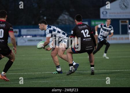 Coventry, Großbritannien. 14. Januar 2023. *** William Rigg von Coventry während des Spiels der Rugby-Meisterschaft zwischen Coventry und Jersey Reds in der Butts Park Arena, Coventry, UK, am 14. Januar 2023. Foto von Simon Hall. Nur redaktionelle Verwendung, Lizenz für kommerzielle Verwendung erforderlich. Keine Verwendung bei Wetten, Spielen oder Veröffentlichungen von Clubs/Ligen/Spielern. Kredit: UK Sports Pics Ltd/Alamy Live News Stockfoto