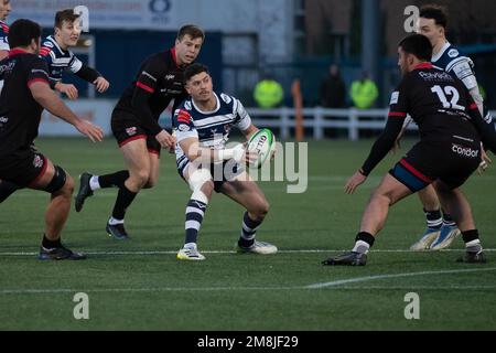 Coventry, Großbritannien. 14. Januar 2023. *** William Chudley von Coventry während des Spiels der Rugby-Meisterschaft zwischen Coventry und Jersey Reds in der Butts Park Arena, Coventry, UK, am 14. Januar 2023. Foto von Simon Hall. Nur redaktionelle Verwendung, Lizenz für kommerzielle Verwendung erforderlich. Keine Verwendung bei Wetten, Spielen oder Veröffentlichungen von Clubs/Ligen/Spielern. Kredit: UK Sports Pics Ltd/Alamy Live News Stockfoto