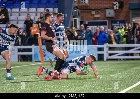 Coventry, Großbritannien. 14. Januar 2023. *** Versuchen Sie Coventry während des Spiels der Rugby Championship zwischen Coventry und Jersey Reds in der Butts Park Arena, Coventry, Großbritannien, am 14. Januar 2023. Foto von Simon Hall. Nur redaktionelle Verwendung, Lizenz für kommerzielle Verwendung erforderlich. Keine Verwendung bei Wetten, Spielen oder Veröffentlichungen von Clubs/Ligen/Spielern. Kredit: UK Sports Pics Ltd/Alamy Live News Stockfoto