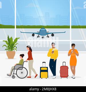 Vektorbildungs-Flughafen. Frau, die Behinderte im Rollstuhl betreut, Mann, Mädchen benutzt Handy mit Koffer und wartet auf Check-in. Pa Stock Vektor