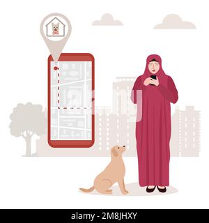 Vektordarstellung die muslimische Frau verwendet eine App auf dem Handy, um das Hundeheim, das Haustierhotel und das Hotel auf übermäßige Exposition von Tieren zu durchsuchen. Nur digital Stock Vektor