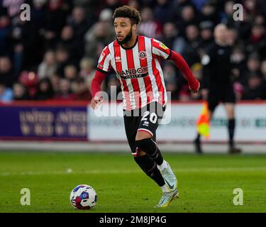 Sheffield, Großbritannien. 14. Januar 2023. Jayden Bogle #20 von Sheffield United während des Sky Bet Championship-Spiels Sheffield United vs Stoke City in Bramall Lane, Sheffield, Großbritannien, 14. Januar 2023 (Foto von Steve Flynn/News Images) in Sheffield, Großbritannien, am 1./14. Januar 2023. (Foto: Steve Flynn/News Images/Sipa USA) Guthaben: SIPA USA/Alamy Live News Stockfoto