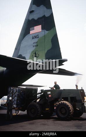 Eine Palette von Hilfsgütern, hauptsächlich Kekse, wird per Gabelstapler von einem C-130 Hercules heruntergeladen, der dem 136. Airlift Wing, 181. Airlift Squadron, Dallas, Texas ANG am Flughafen zugewiesen ist. Betreff Operation/Serie: RESTORE HOPE Base: Goma Country: Zaire (ZAR) Stockfoto