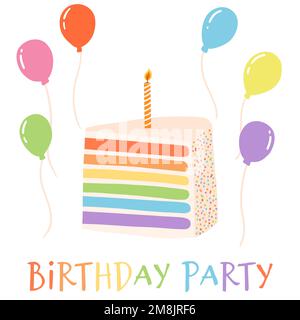 Regenbogen-Geburtstagskuchen mit Kerze und Ballons im flachen Cartoon-Stil. Handgezeichnete Vektordarstellung des süßen Desserts, Designelemente für Karte Stock Vektor