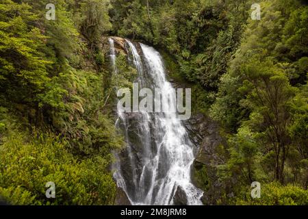 Blick auf den Wasserfall bei einer Wanderung auf den Sendero Cascadas Escondidas im Parque Nacional Pumalín Douglas Tompkins in Patagonien, Chile Stockfoto