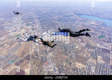 Fallschirmspringer, die aus Flugzeugen springen Stockfoto