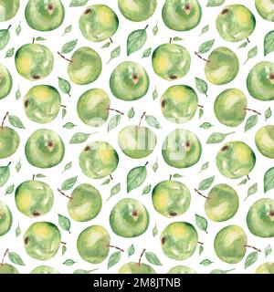 Grüne Äpfel Nahtloses Muster, Papier mit Aquarell-Früchten, Diätpapier, Gartenobst, Blumenmuster, Äpfeldruck Stockfoto