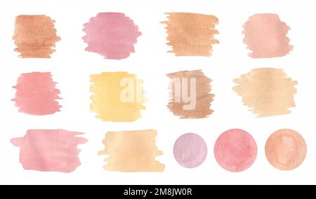 Aquarell abstrakte geometrische Formen, abstrakte Elemente. Orange, Pink, Elfenbein, Gelb, Aquarell. Abstraktes, modernes Druckset. Logo des Stockfoto