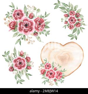 Burgunder Blumenstrauß Clipart, Aquarell Rote Blumenstrauß Illustration, Roter Blumenstrauß und hölzerne Scheiben Set, helle Pfingstrose, Wedding Inv Stockfoto