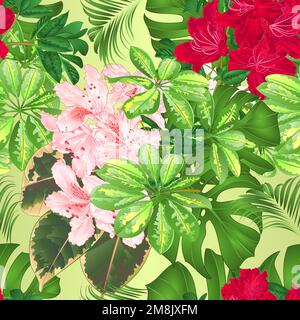 Blumenstrauß mit tropischen Blumen Blumenarrangements, mit wunderschönen roten und rosafarbenen Rhododendrons Schefflera philodendron und Ficus natürlichem Hintergrund Vinta Stock Vektor