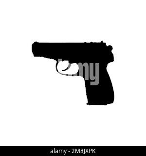Handfeuersymbol. Schlichtes Design für den großen Verkauf von Waffenläden, Poster mit Hintergrundsymbol. Markenlogo der Handfeuerwaffe. Handfeuerwaffen-T-Shirt-Druck. vektor für Aufkleber Stock Vektor