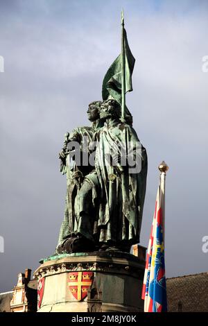 Die Jan Breydel und Peter De Conik Statue, Marktplatz, Brügge City, West-Flandern, belgischen Region Flandern. Stockfoto