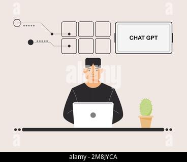 Chatten Sie mit GPT-Männern, die ein digitales Notebook verwenden. Boy People suchen Chat GPT AI, OpenAI, Smart bot, Arbeitsplatz, Technologie-Hintergrund. vektordarstellung Stock Vektor