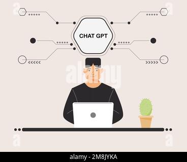 Chatten Sie mit GPT-Männern, die ein digitales Notebook verwenden. Boy People suchen Chat GPT AI, OpenAI, Smart bot, Arbeitsplatz, Technologie-Hintergrund. vektordarstellung Stock Vektor