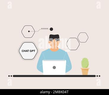 Chatten Sie mit GPT-Männern, die ein digitales Notebook verwenden. Boy People suchen Chat GPT AI, OpenAI, Smart bot, Arbeitsplatz, Technologie-Hintergrund. vektordarstellung Stock Vektor