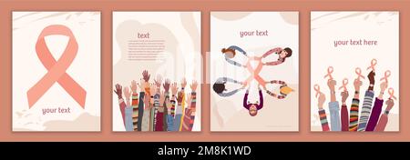 Uteruskarzinombewusstsein-Konzept. Gruppe verschiedener Kulturen weibliche Hände halten ein rosa Band. Solidarität und Unterstützung für Frauen, die gegen den Uterus kämpfen Stock Vektor
