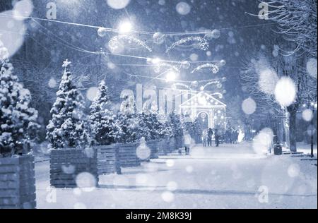 Stadtstraße bei Schneefall in der Winternacht. Viele dekorierte Weihnachtsbäume, Beleuchtung, Dekoration auf der Straße. Weihnachtsfeierlichkeiten im neuen Jahr. Laternen Girlanden auf Bäumen. Blaue Farbe Stockfoto