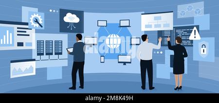 Ingenieure in einer Virtual-Reality-Umgebung interagieren mit Bildschirmen und Benutzeroberflächen: Das Konzept DER IT-Innovationen Stock Vektor