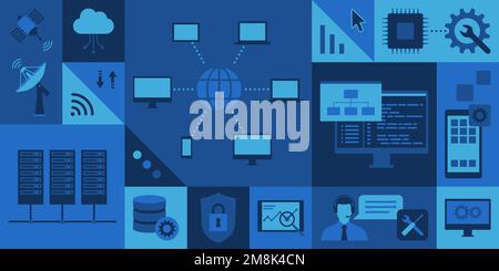 Informationstechnologie- und Telekommunikationskonzepte mit Symbolen: internet, Kommunikation und technologische Innovation Stock Vektor