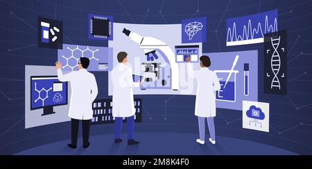 Wissenschaftler, die in einem VR-Labor arbeiten, interagieren mit virtuellen Bildschirmen und Schnittstellen Stock Vektor