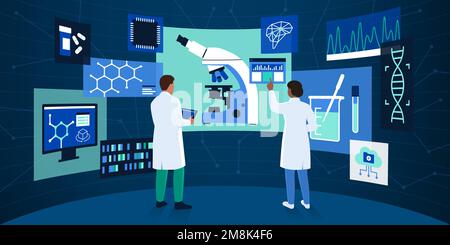 Wissenschaftler, die in einem VR-Labor arbeiten, interagieren mit virtuellen Bildschirmen und Schnittstellen Stock Vektor