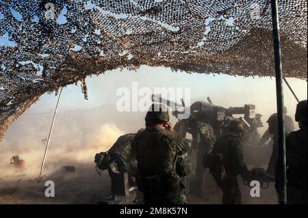 Rückansicht links, Kamera unter Tarnnetz. Ein M198 155-mm-Howitzer. Zwei Crewmitglieder im Vordergrund halten ein 155mm-Projektil auf einem Laderaum. Land: Unbekannt Stockfoto