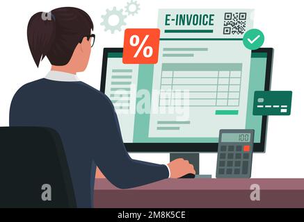 Eine professionelle Geschäftsfrau, die mit ihrem Computer arbeitet, sendet eine E-Rechnung online Stock Vektor